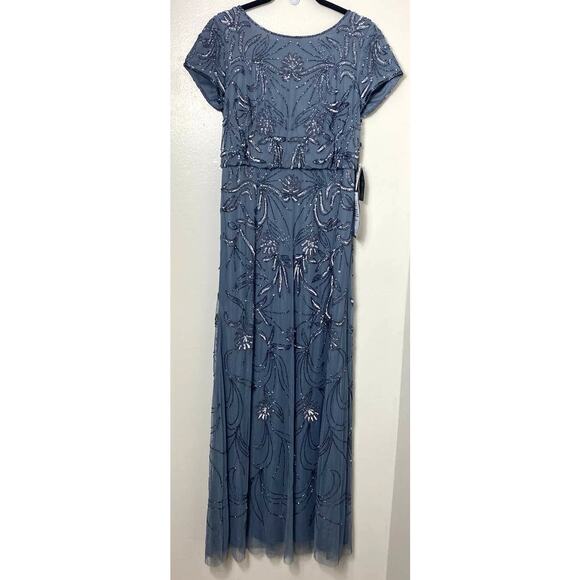 NWT ADRIANNA PAPELL DRESS GOWN SEQUIN BEADED FLORAL DUSTY BLUE BLOUSON MAXI LONG - Picture 1 of 14